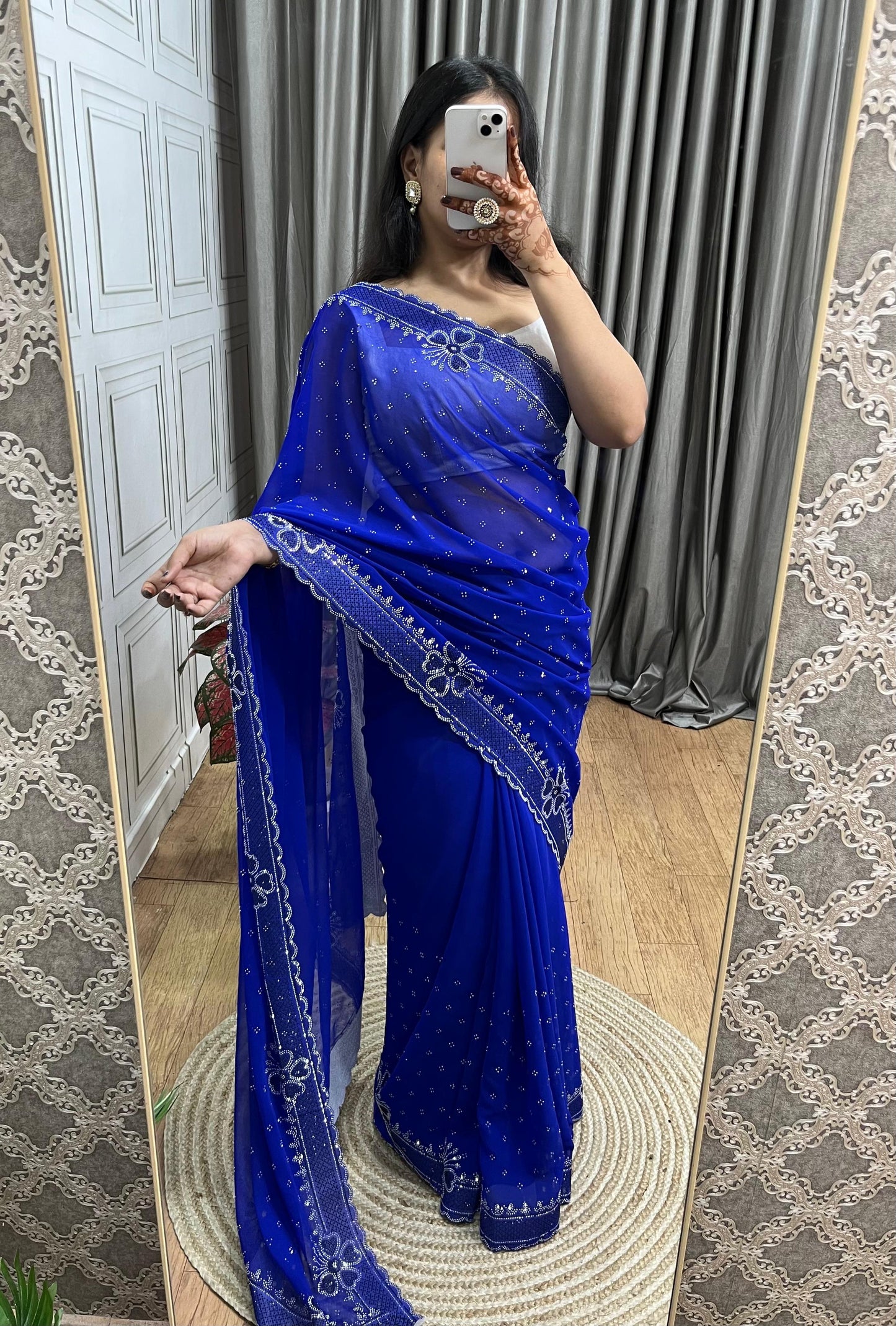 Stylish Soft Georgette Saree With Rich Diamond Silver Work Border