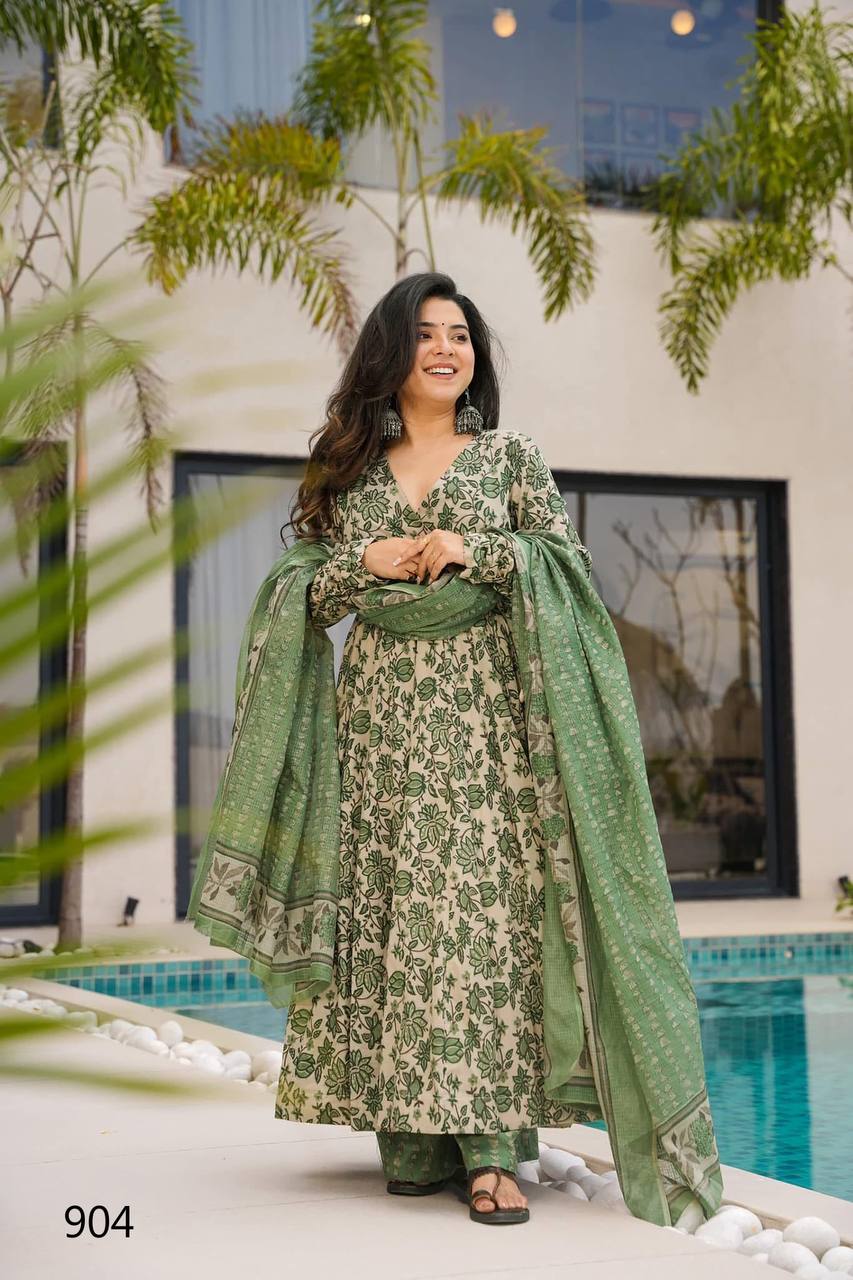 Festive & Wedding Party Wear Gher Style Pure Mal Cotton Pattern Printed Kurta Pant With Dupatta