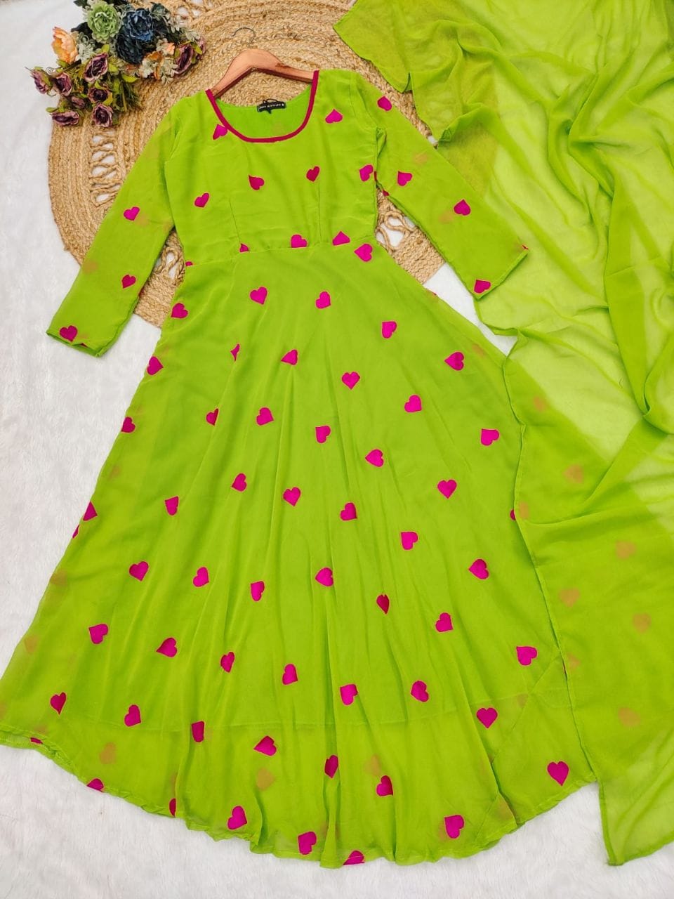 Premium Georgette Silk Umbrella Flair Style Kurti with Dupatta Lace Work