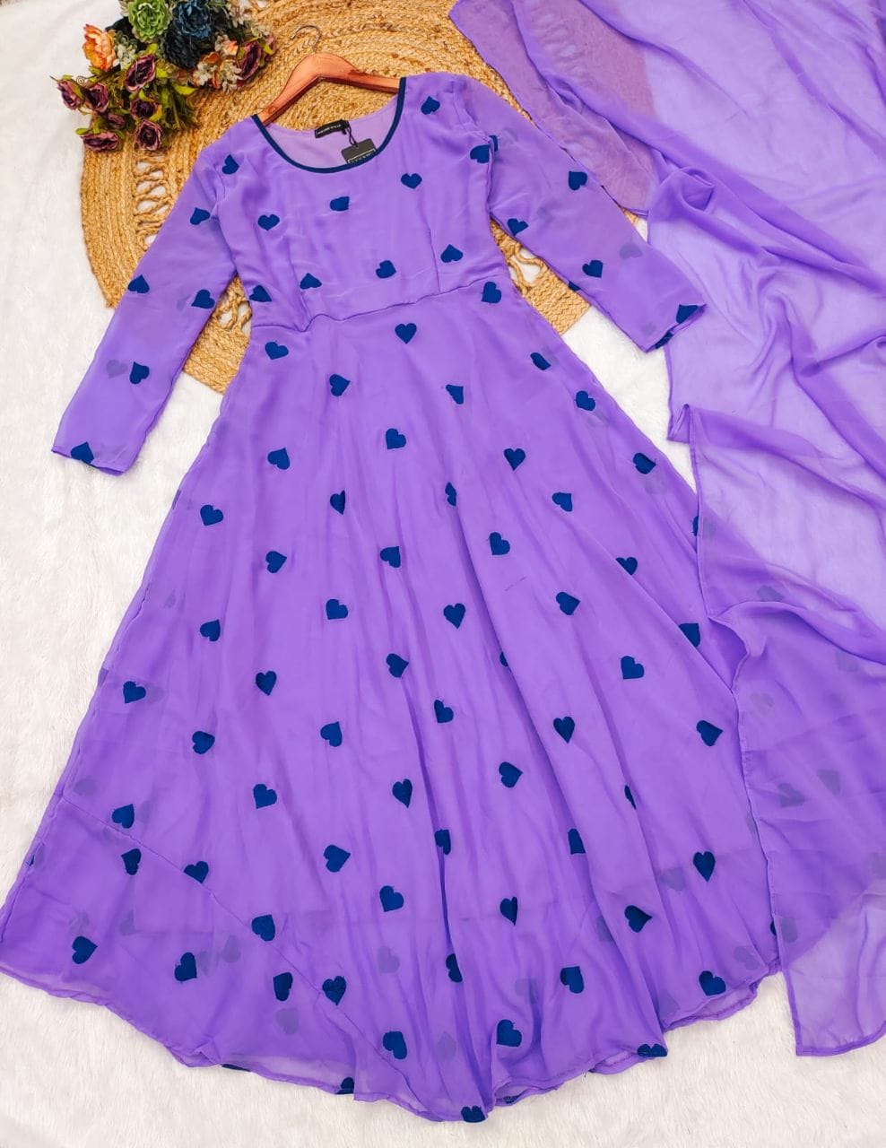 Premium Georgette Silk Umbrella Flair Style Kurti with Dupatta Lace Work