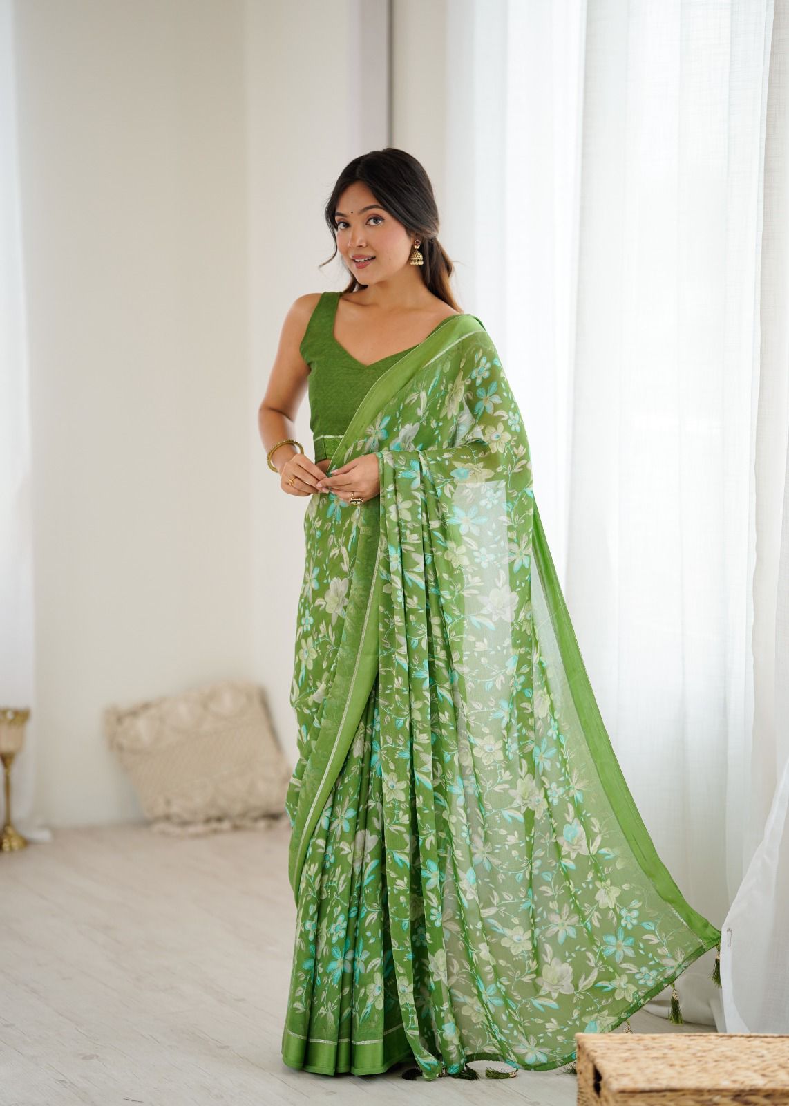 Beautiful Trending Pastel Colours Bright Moss Satin Printed Saree