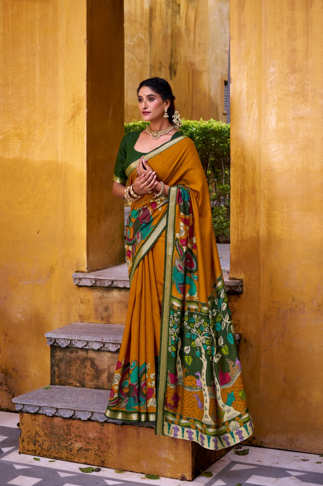 Traditional Kalamkari Print Viscose Chanderi Saree With Zari Weaving Work