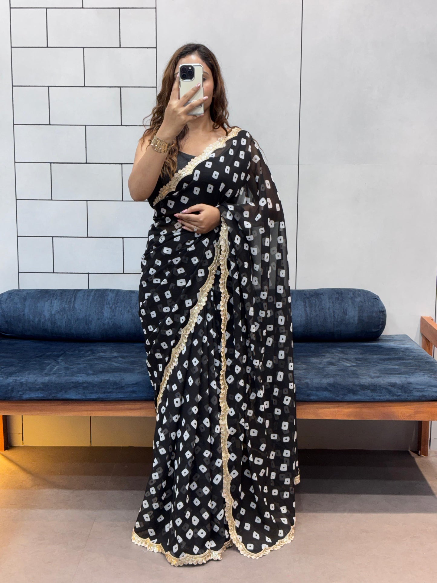 Special Soft Georgette Leheriya Bandhej Print Saree With Coding Embroidery Sequence Lace Work