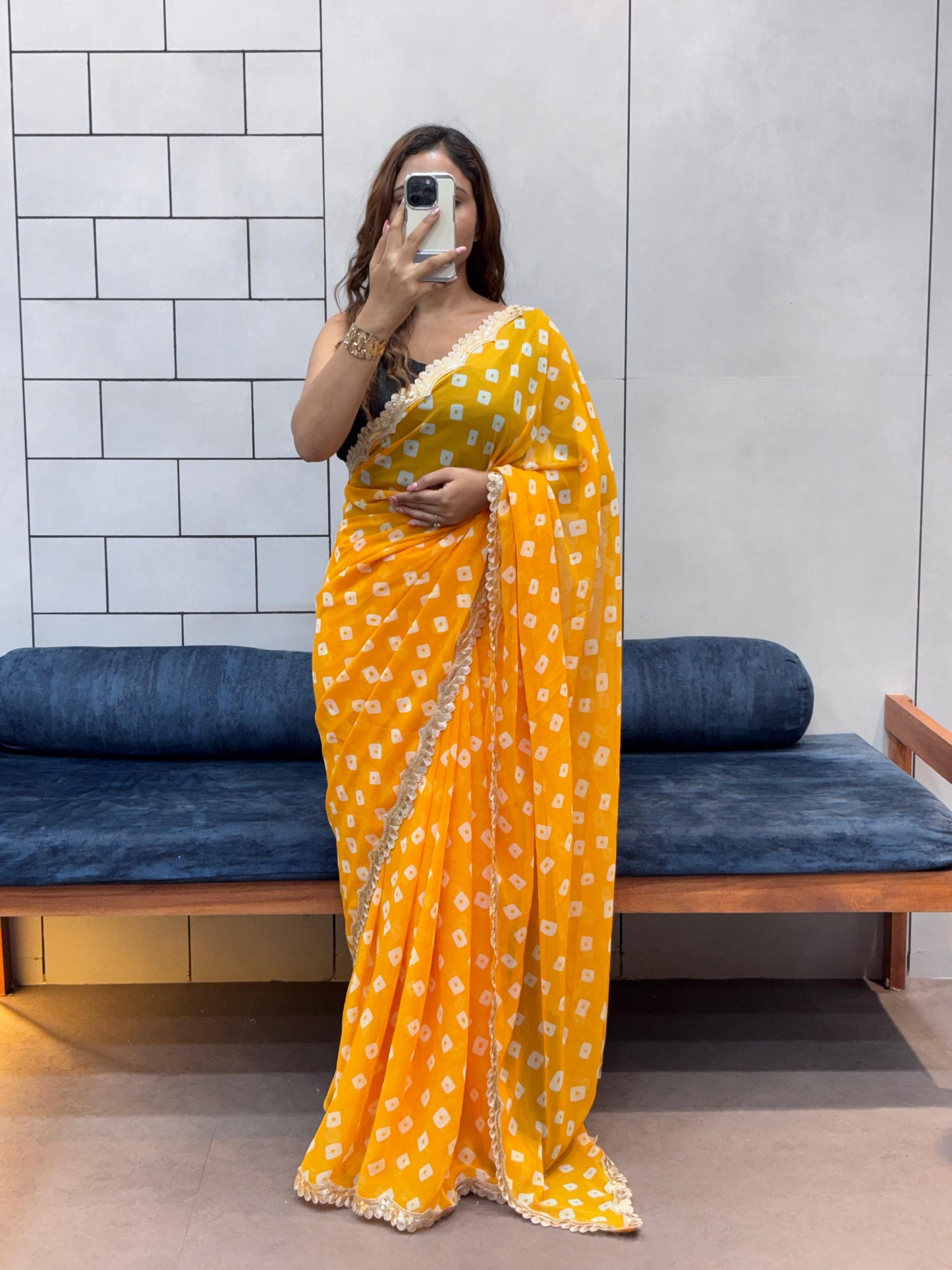 Special Soft Georgette Leheriya Bandhej Print Saree With Coding Embroidery Sequence Lace Work