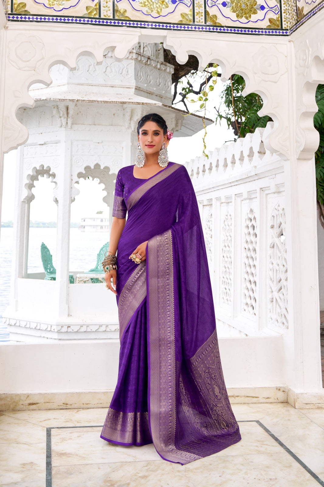 Traditional Stylish Pure Chinon Printed Saree With Zari Weaving Work