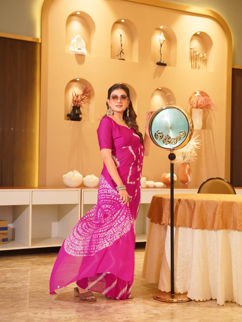 Superhit Pure Chinnon Leheriya Saree With Hand Sibori Work