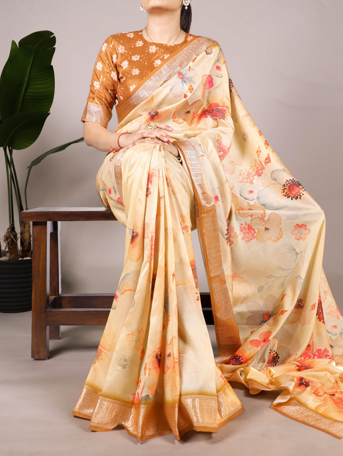 Pure Tussar Silk Floral Print Saree With Viscose Border