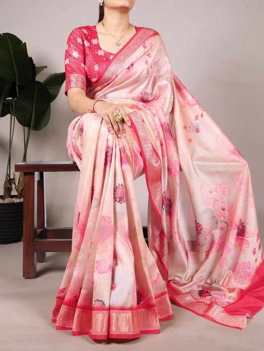 Pure Tussar Silk Floral Print Saree With Viscose Border