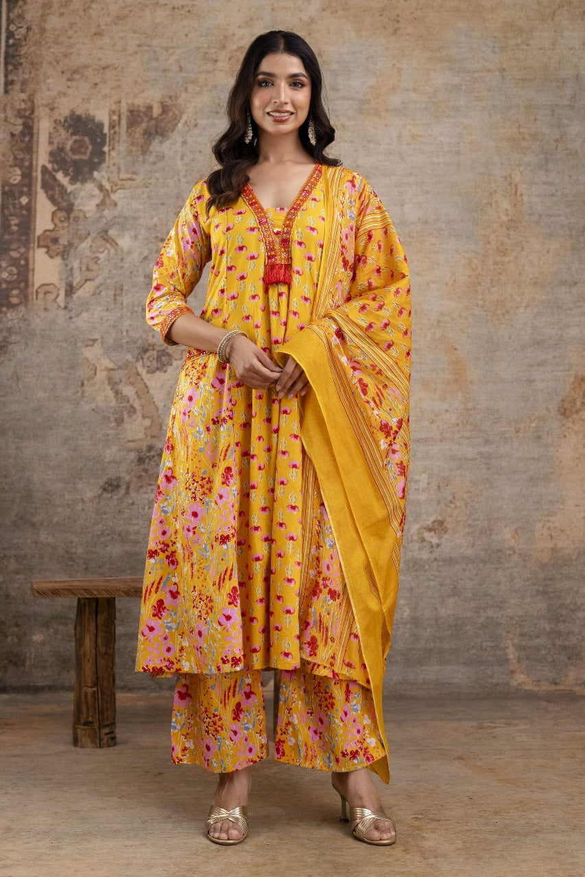 Premium Pure Soft Cotton Embroidered & Sequin Work A-Line Kurta Suit Pant With Dupatta