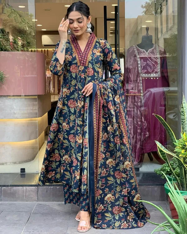 Blue Floral Printed Anarkali Kurta With Palazzo Pant And Dupatta