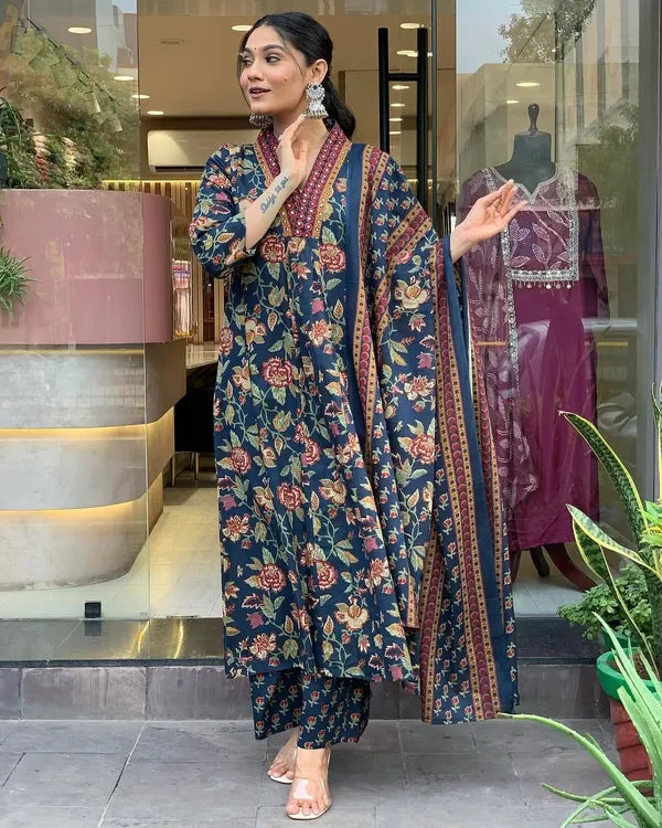 Blue Floral Printed Anarkali Kurta With Palazzo Pant And Dupatta