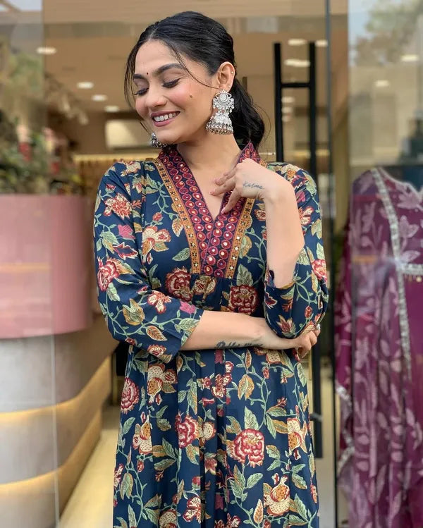 Blue Floral Printed Anarkali Kurta With Palazzo Pant And Dupatta