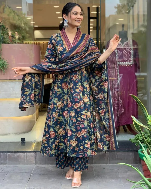 Blue Floral Printed Anarkali Kurta With Palazzo Pant And Dupatta