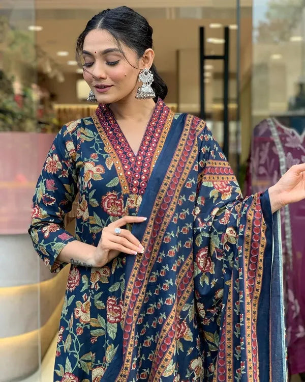 Blue Floral Printed Anarkali Kurta With Palazzo Pant And Dupatta
