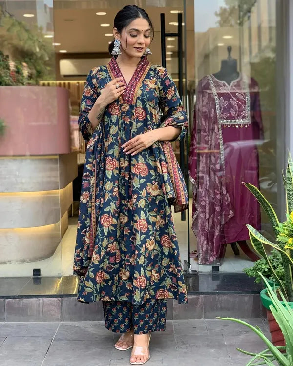 Blue Floral Printed Anarkali Kurta With Palazzo Pant And Dupatta
