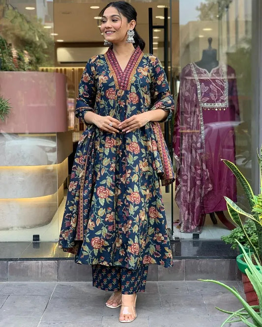 Blue Floral Printed Anarkali Kurta With Palazzo Pant And Dupatta