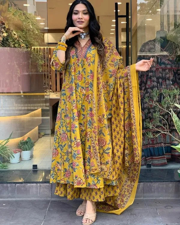 Mustard Yellow Floral Printed Anarkali Kurta With Palazzo Pant With Dupatta
