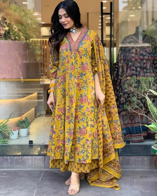 Mustard Yellow Floral Printed Anarkali Kurta With Palazzo Pant With Dupatta