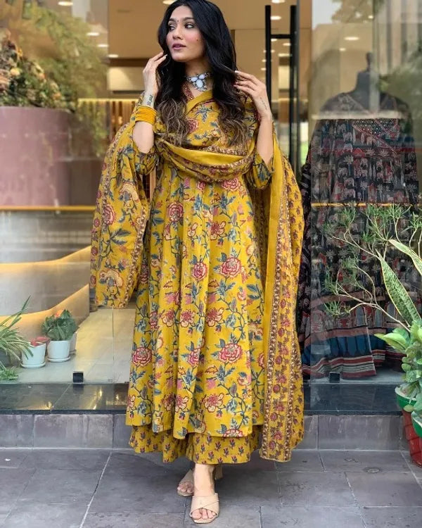 Mustard Yellow Floral Printed Anarkali Kurta With Palazzo Pant With Dupatta