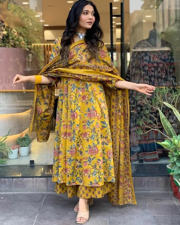 Mustard Yellow Floral Printed Anarkali Kurta With Palazzo Pant With Dupatta