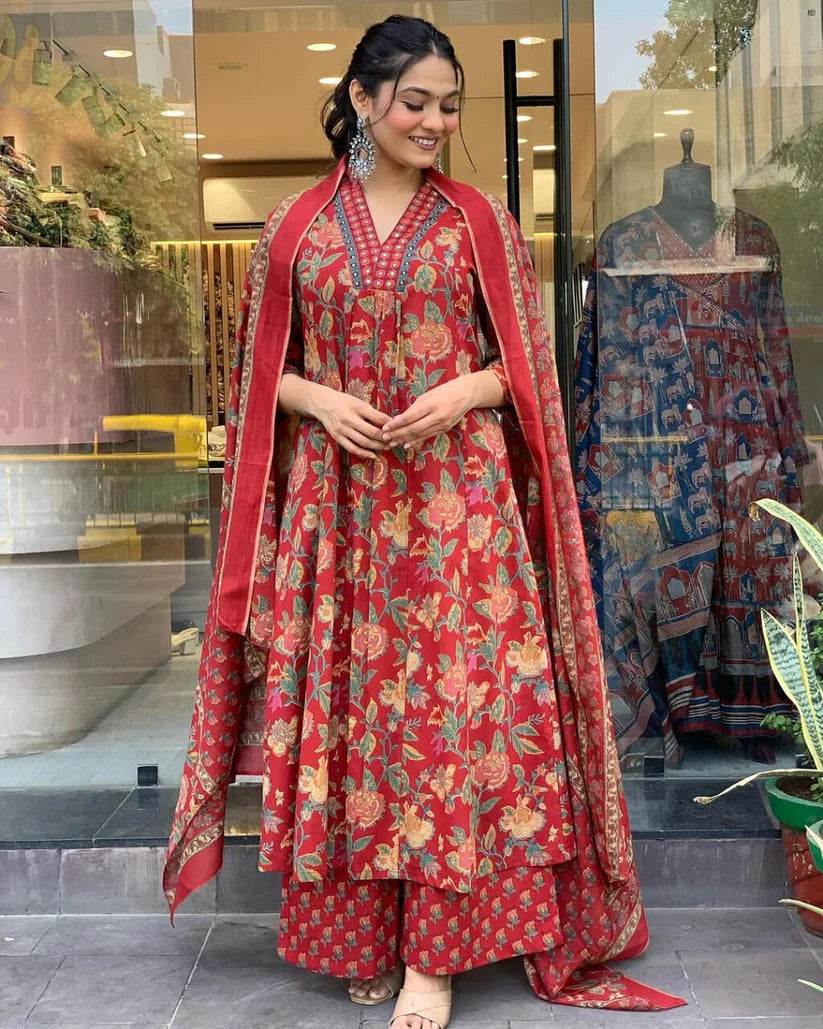 Charming Red Floral Printed Anarkali Kurta With Palazzo Pant & Dupatta