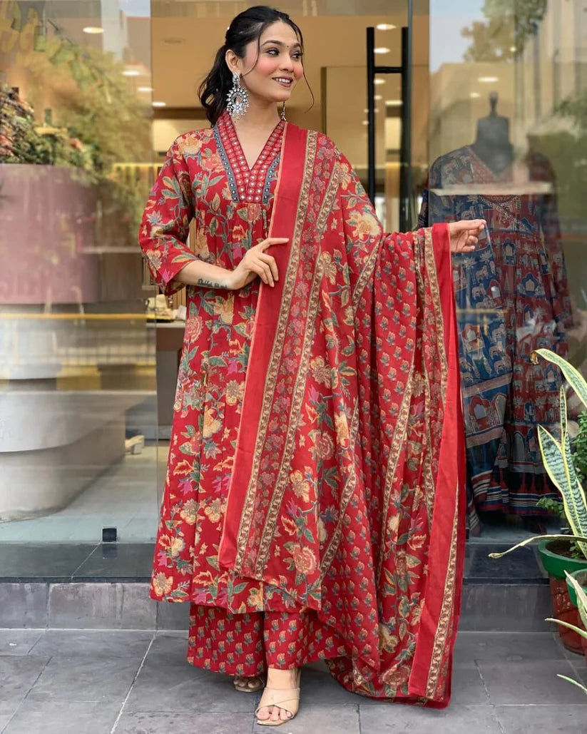 Charming Red Floral Printed Anarkali Kurta With Palazzo Pant & Dupatta