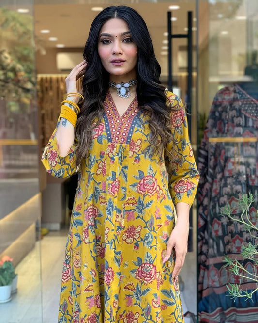 Mustard Yellow Floral Printed Anarkali Kurta With Palazzo Pant With Dupatta