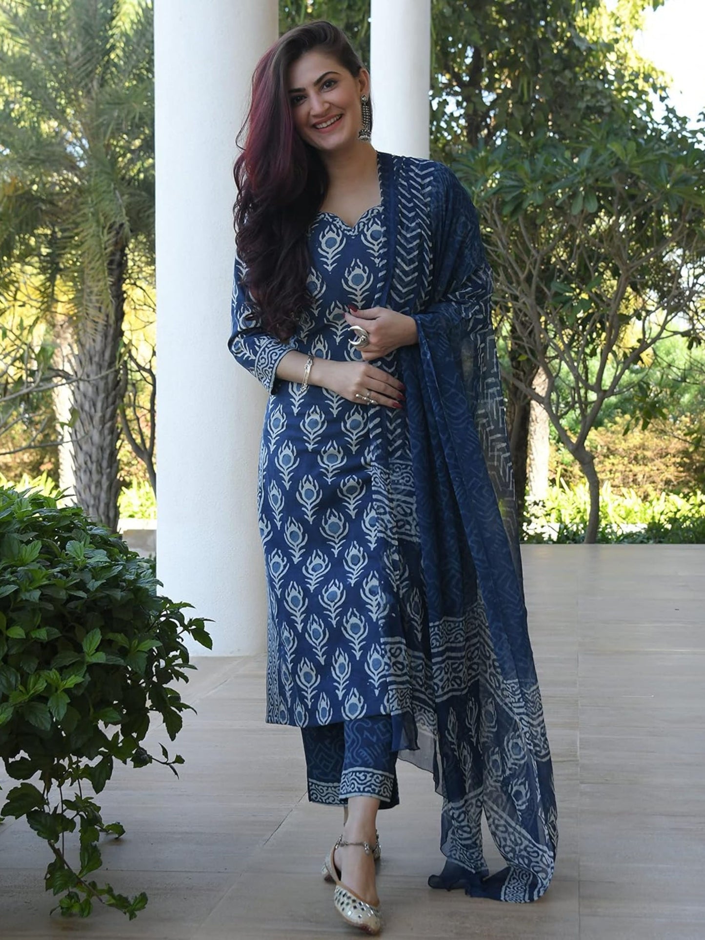Indigo Blue Peacock Feather Printed Premium Soft Cotton Kurta Pant With Dupatta