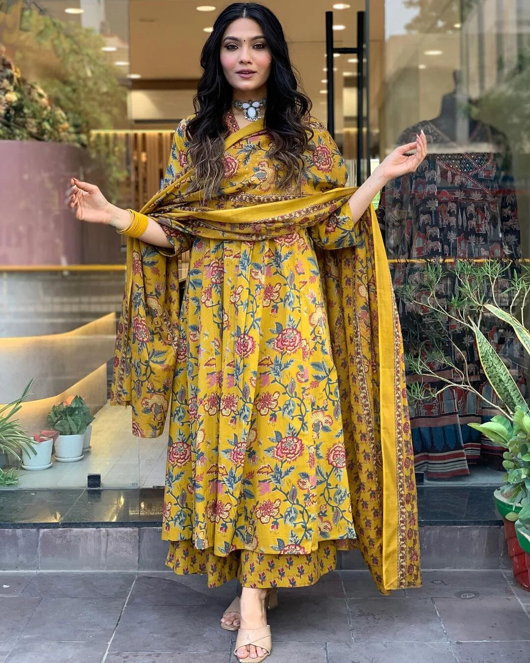 Mustard Yellow Floral Printed Anarkali Kurta With Palazzo Pant With Dupatta