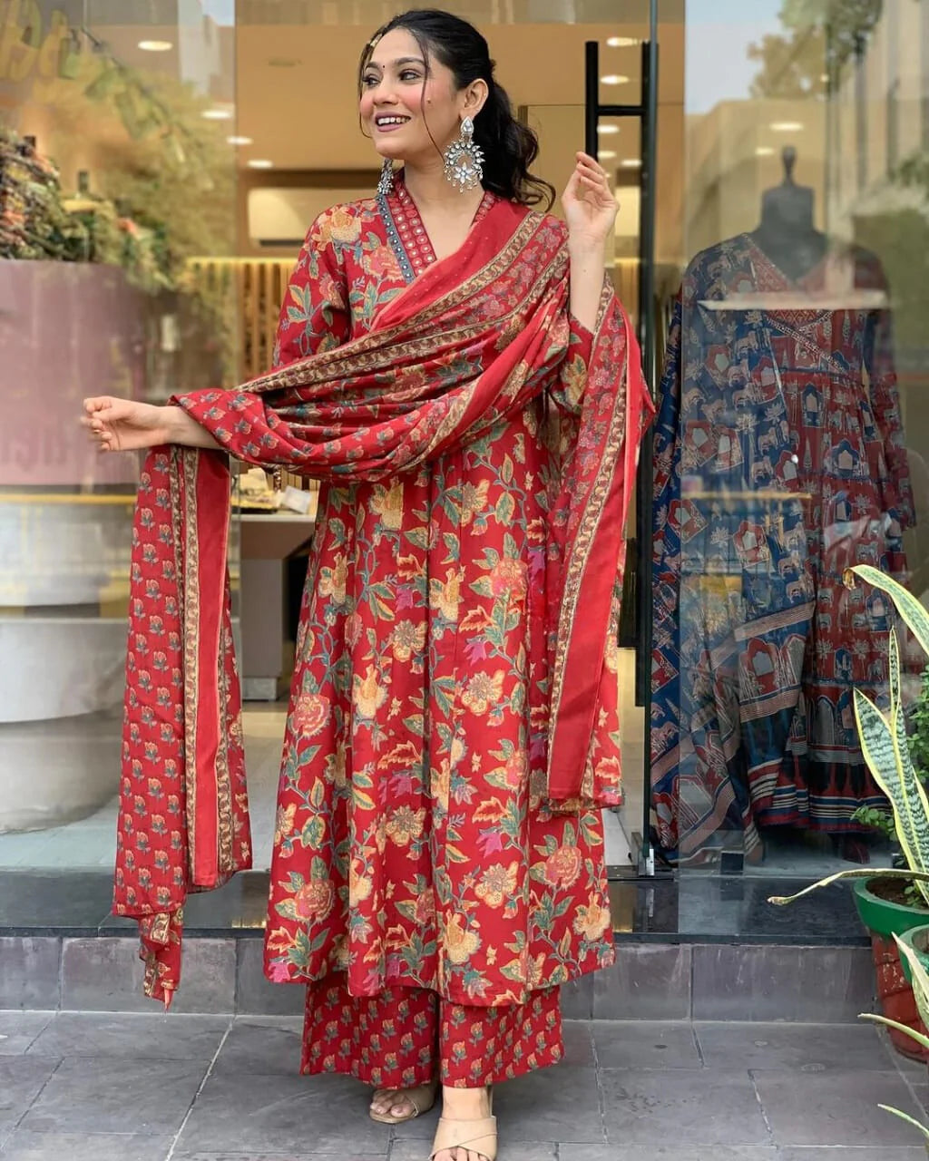 Charming Red Floral Printed Anarkali Kurta With Palazzo Pant & Dupatta
