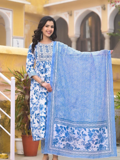 Women's Embroidery Sky Blue Floral Printed Kurta Pant With Dupatta