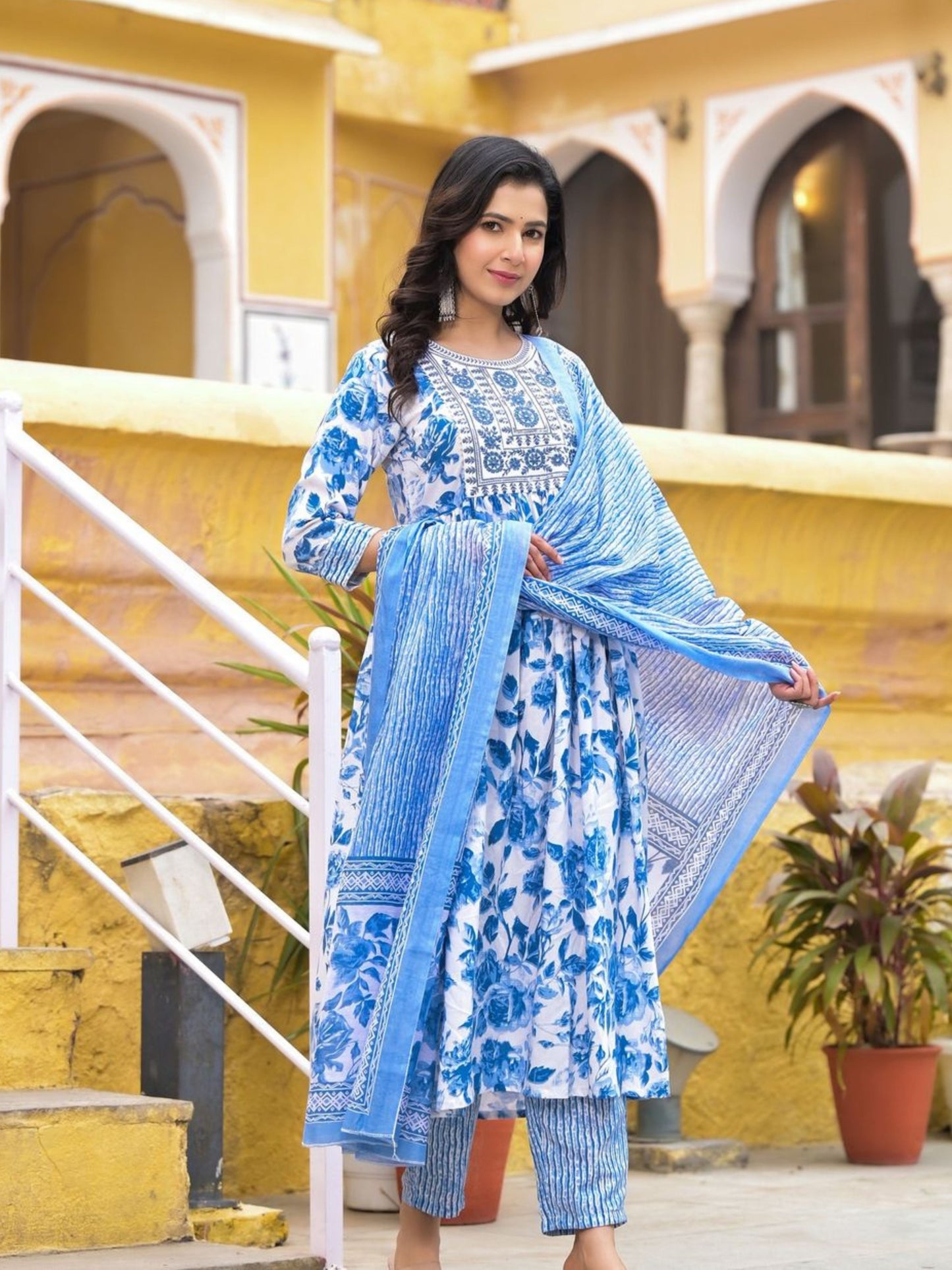 Women's Embroidery Sky Blue Floral Printed Kurta Pant With Dupatta