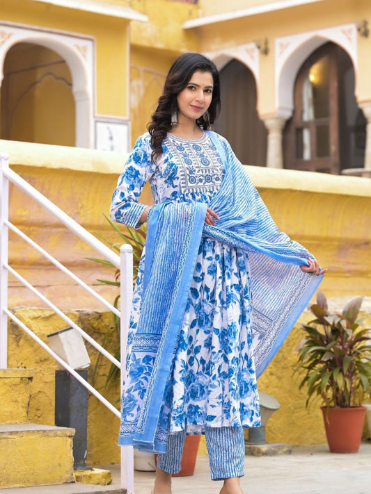 Women's Embroidery Sky Blue Floral Printed Kurta Pant With Dupatta