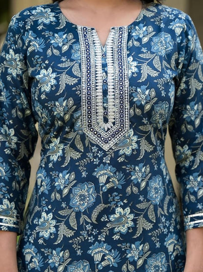 Women's Blue Block Printed Embroidery Straight Kurta Pant With Dupatta