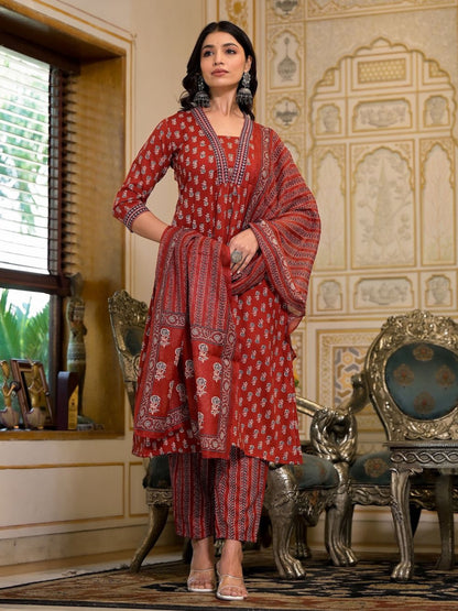 Women's Maroon Printed A-Line Kurta Pant With Dupatta