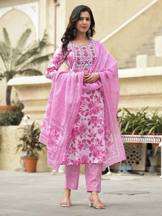 Women's Embroidery Pink Floral Printed Kurta Pant With Dupatta