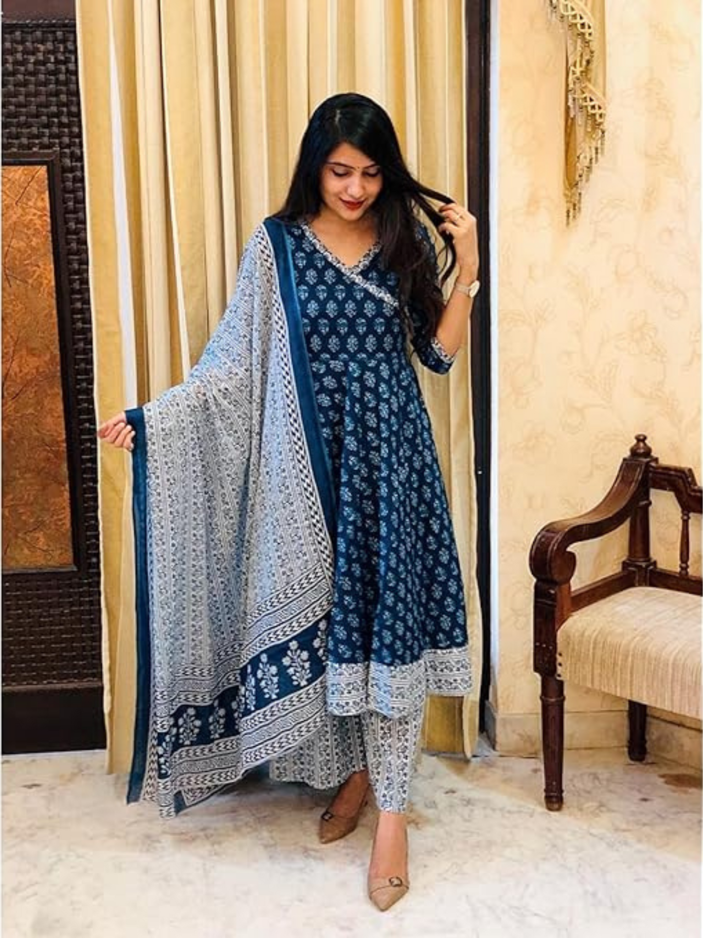 Women's Blue Printed Pattern Anarkali Style Kurta Pant With Dupatta