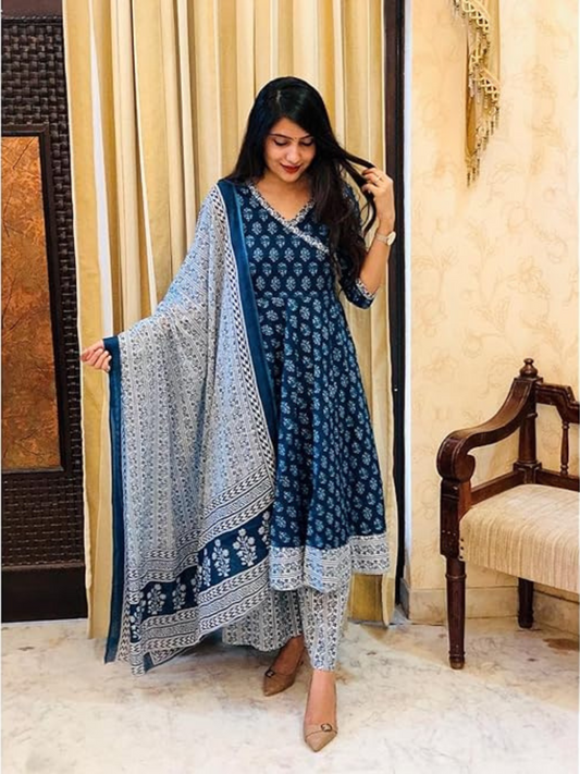 Women's Blue Printed Pattern Anarkali Style Kurta Pant With Dupatta