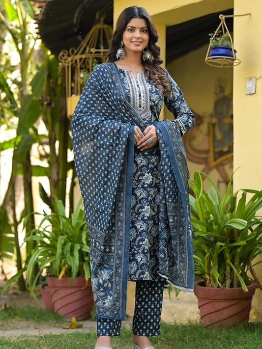 Women's Blue Block Printed Embroidery Straight Kurta Pant With Dupatta