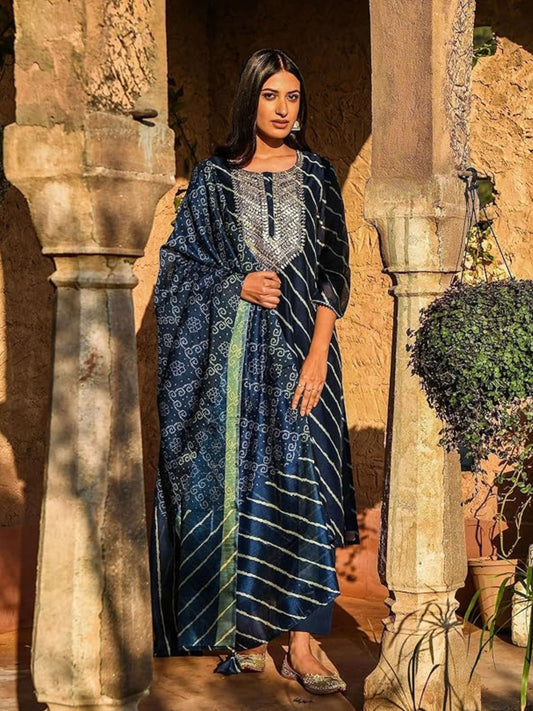 Women's Navy Blue Embroidered Cotton Kurta Pant With Dupatta