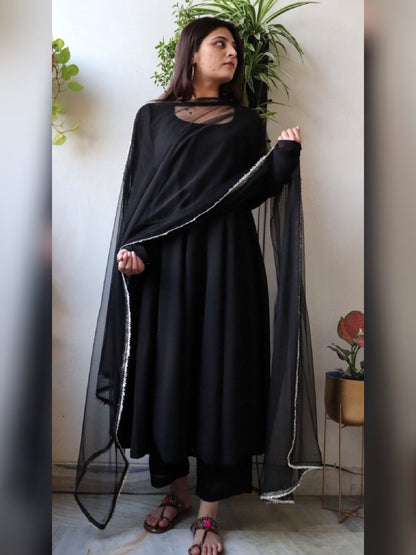Solid Black Gher Style Cotton Kurta Pant With Dupatta