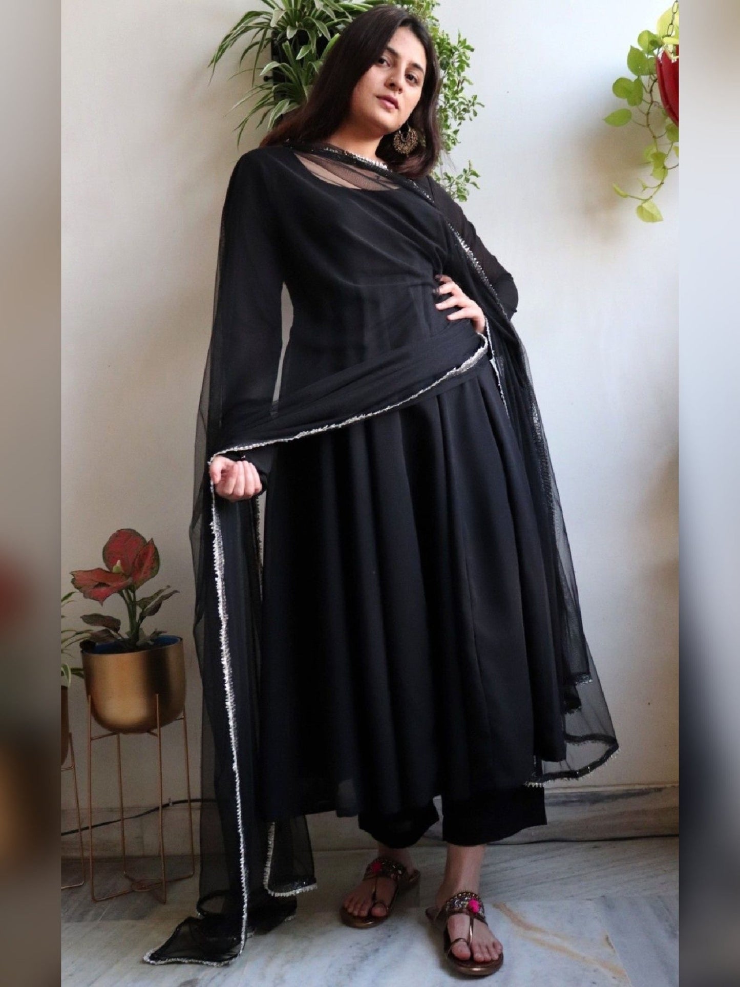 Solid Black Gher Style Cotton Kurta Pant With Dupatta