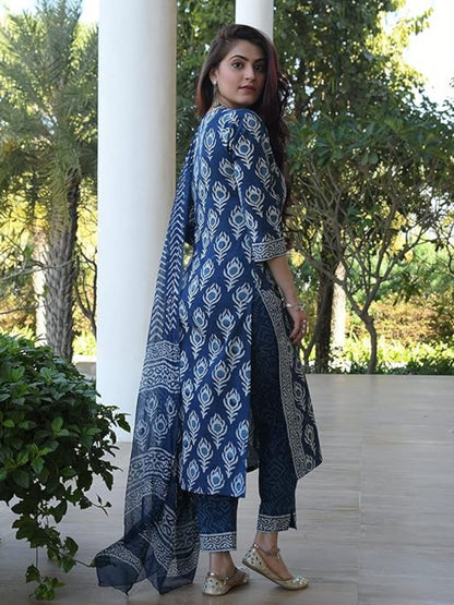 Indigo Blue Peacock Feather Printed Premium Soft Cotton Kurta Pant With Dupatta