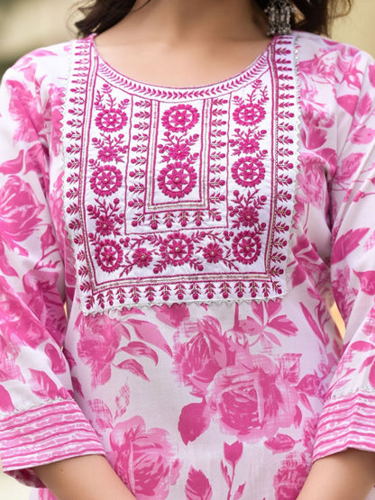 Women's Embroidery Pink Floral Printed Kurta Pant With Dupatta