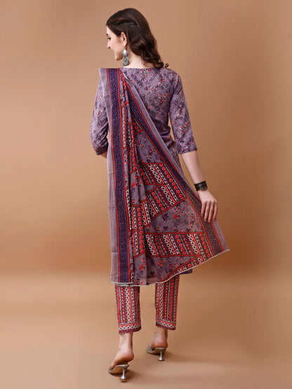 Women's Purple Embroidered & Floral Printed Cotton Kurta Pant With Dupatta