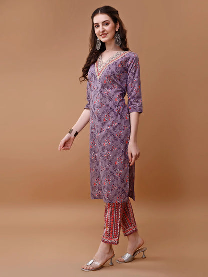 Women's Purple Embroidered & Floral Printed Cotton Kurta Pant With Dupatta