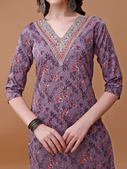 Women's Purple Embroidered & Floral Printed Cotton Kurta Pant With Dupatta