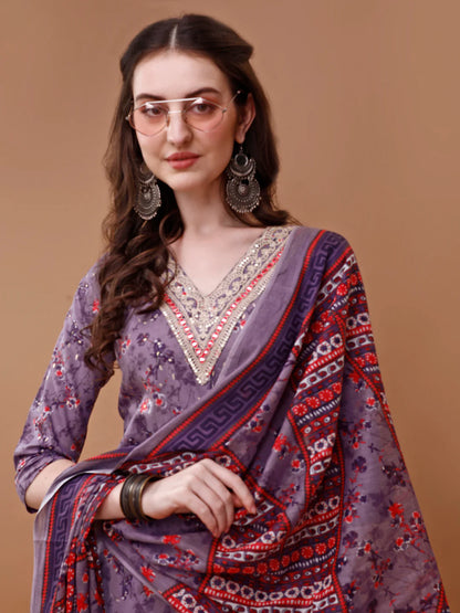 Women's Purple Embroidered & Floral Printed Cotton Kurta Pant With Dupatta