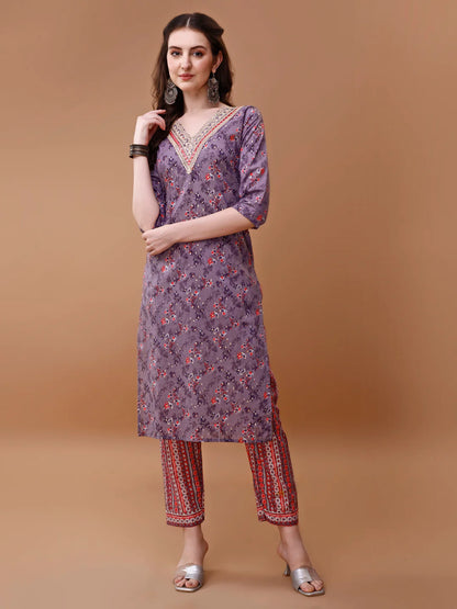 Women's Purple Embroidered & Floral Printed Cotton Kurta Pant With Dupatta
