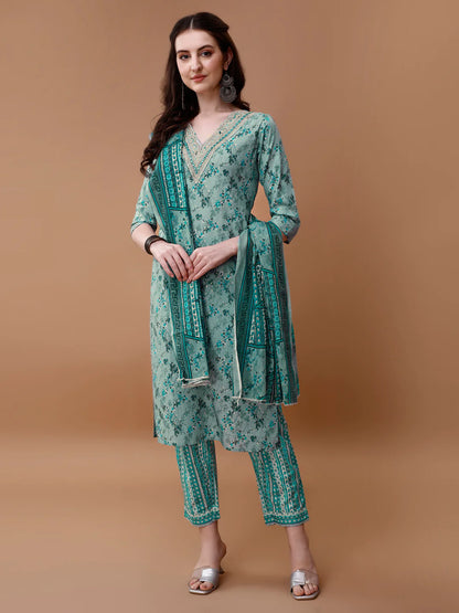 Women's Blue Embroidered & Floral Printed Cotton Kurta Pant With Dupatta